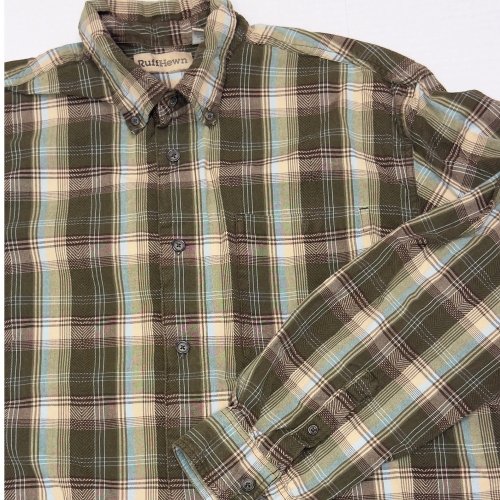 RuffHewn Plaid Button Down Shirt Mens Large Olive Green Cotton Casual